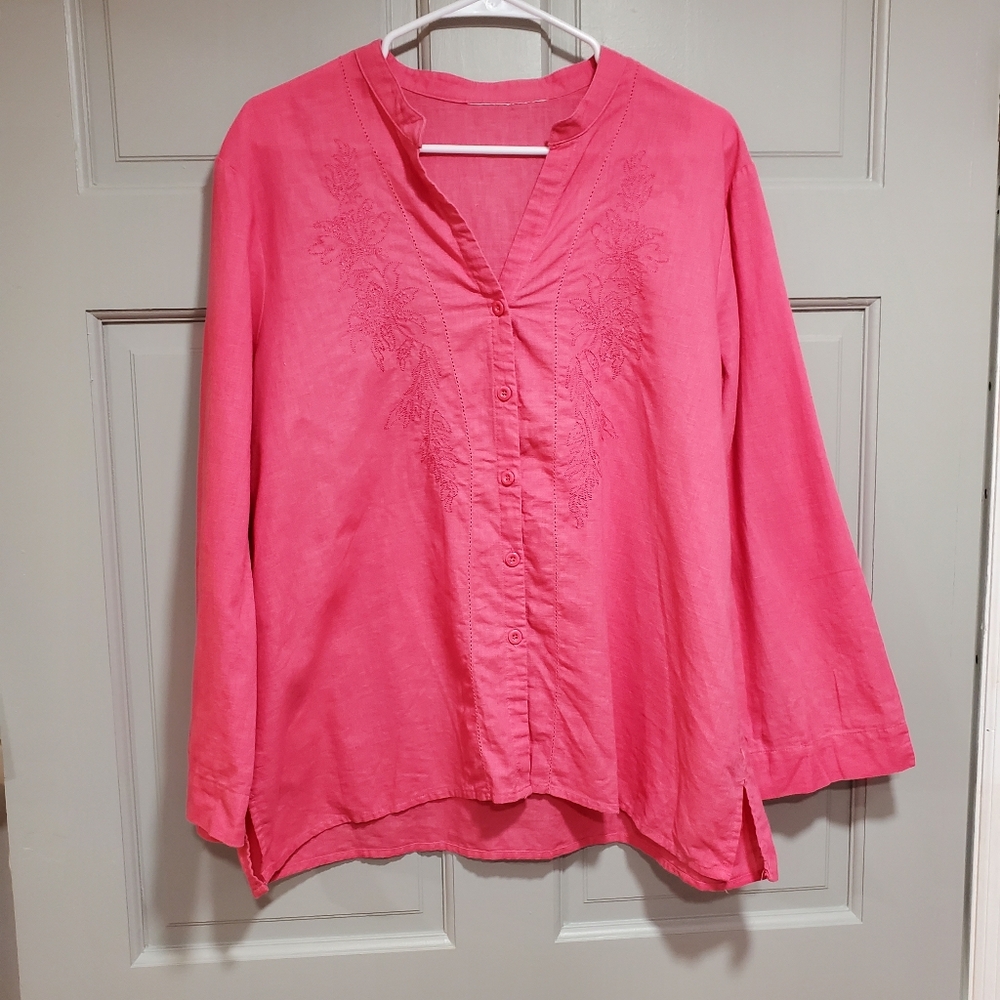 White Stag Blouse Women Size XL Hot Pink Embroidered button down comfy